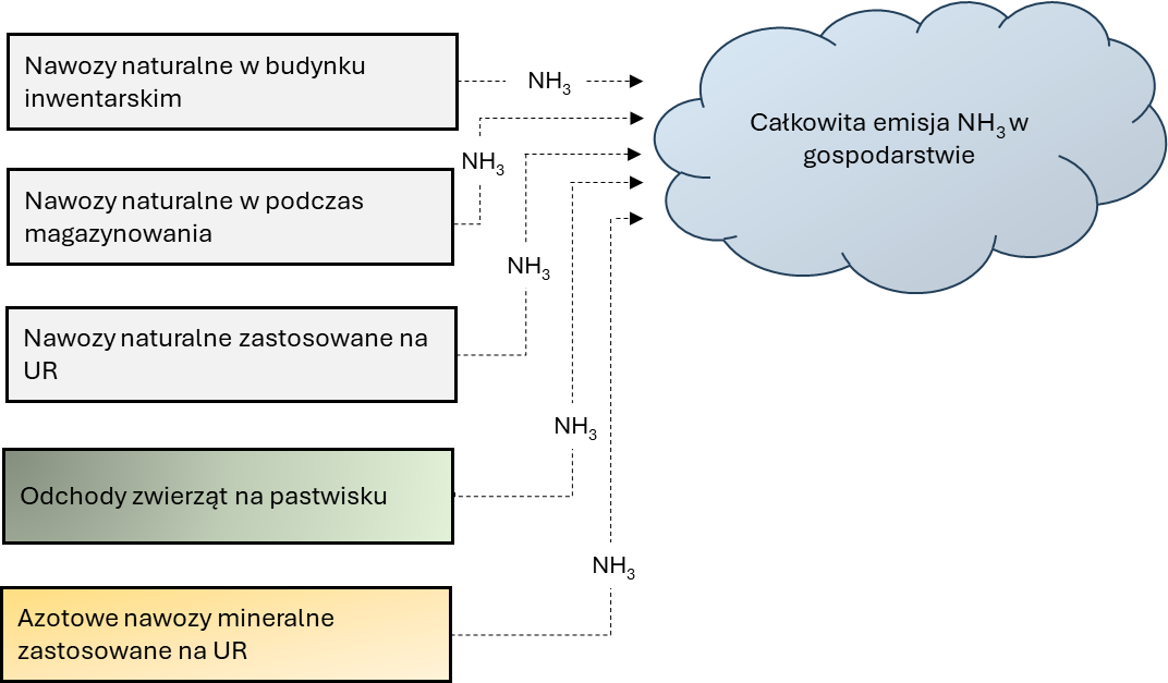 Rys. 1. Źródła i miejsca generujące emisję amoniaku w ramach systemu produkcji rolnej. Źródło: opracowanie własne